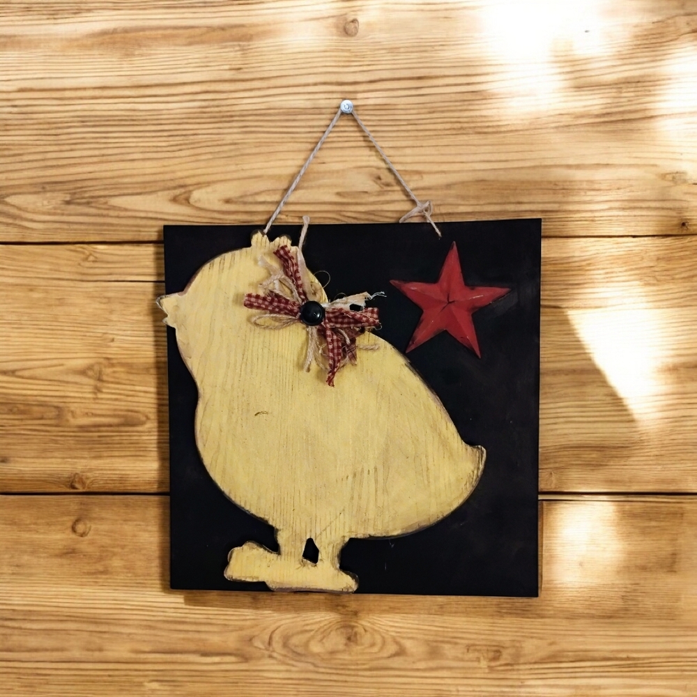 Rustic Yellow Chick Wall Decor with Red Star